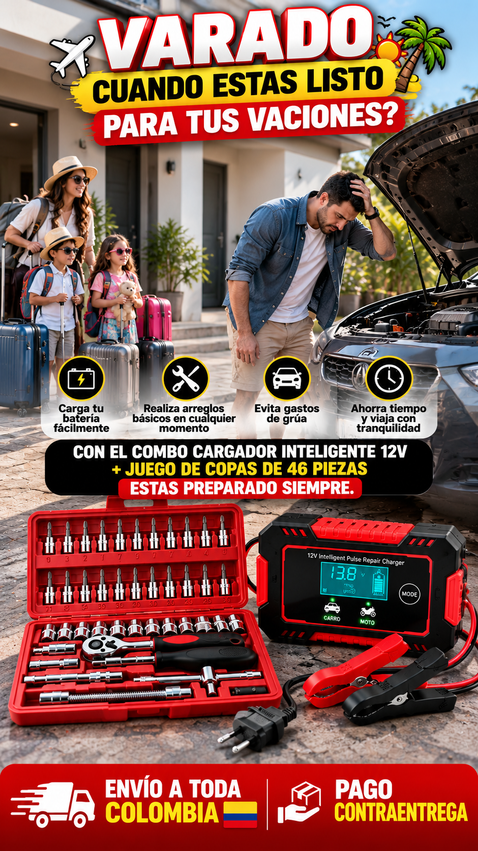 Combo Cargador Inteligente 12V + Juego de Copas 46 Piezas